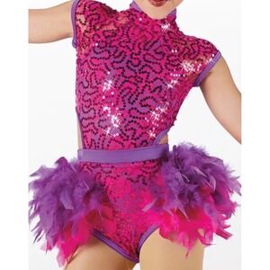 Weissman New Girls Size LC Dance Power Sequin Feather Costume Pink Purple Jazz